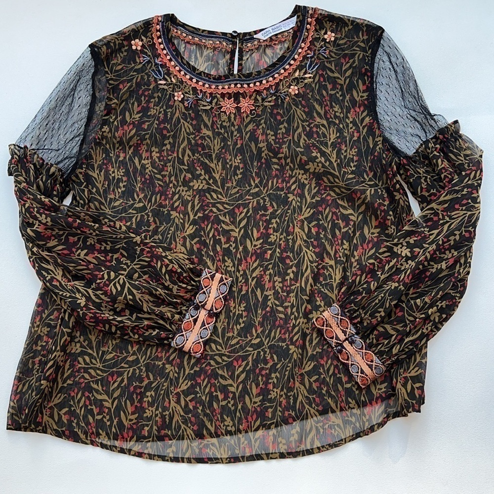 Zara basic‎ sheer shoulder embroidered blouse dark floral edgy print large